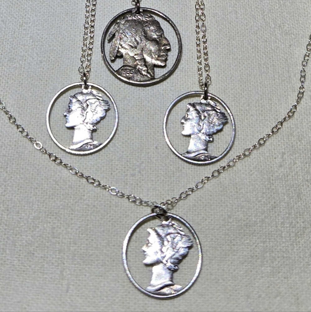 3 Laser Cut Mercury Dime & 1 Indian Nickel Pendants W/ Sterling Silver Necklaces